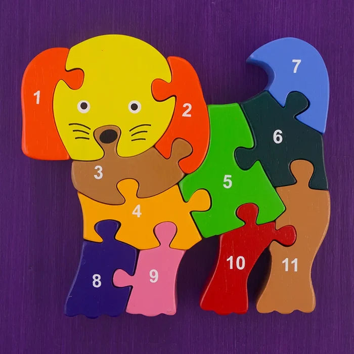 Colorful dog-shaped puzzle with numbered pieces on a purple background