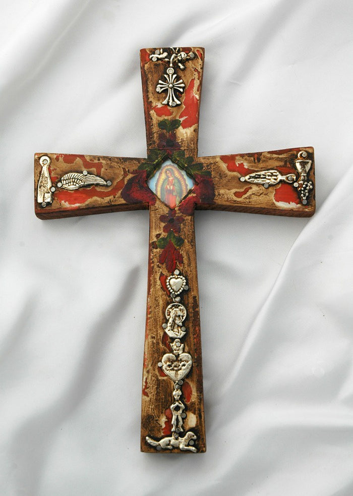 9" Hand Painted Cross With Milagros
