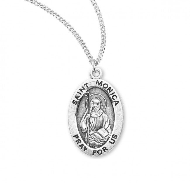 .9" St Monica SS Small Oval Medal Necklace 18" Chain