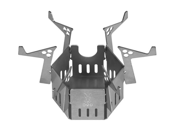 Ashura Mini Stove: silver metallic folding camp stove with bod logo