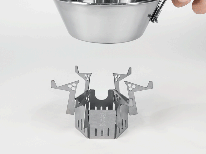 Ashura Mini Stove silver stainless steel foldable camping base with angular design and vents