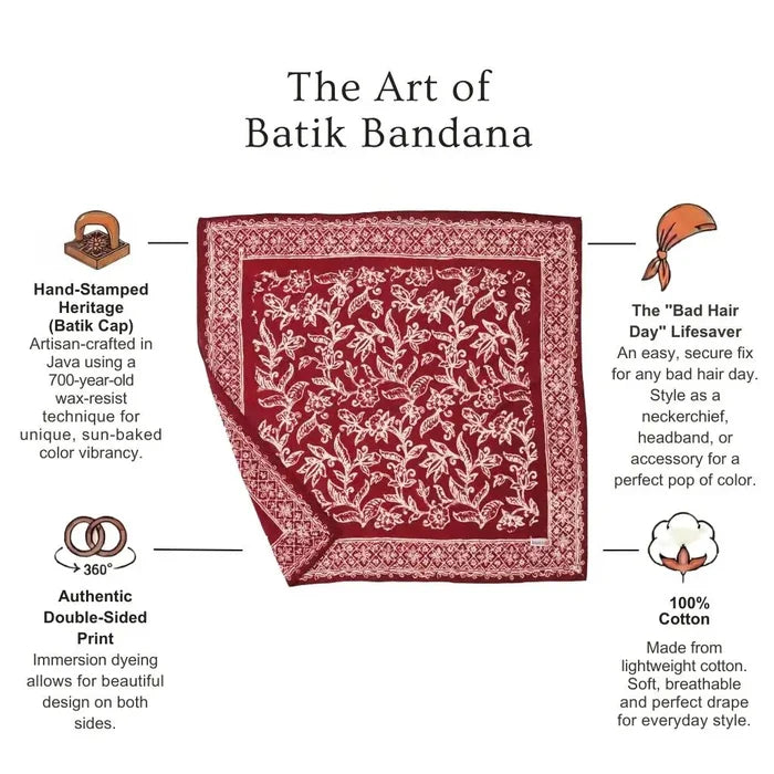 Red batik bandana with white patterns on a white background, featuring text about the art of batik bandanas.
