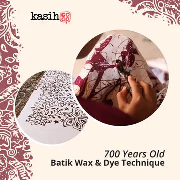 Advertisement for kasih featuring batik wax and dye technique with text '700 Years Old Batik Wax & Dye Technique'.