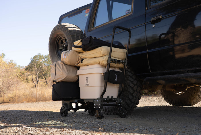 Camp Barrow black metal utility cart with rugged wheels and gear