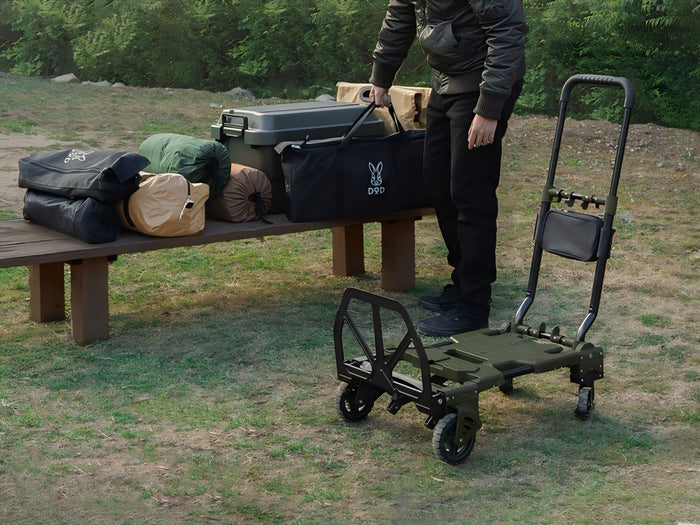 Olive green Camp Barrow metal folding cart with black handle and wheels