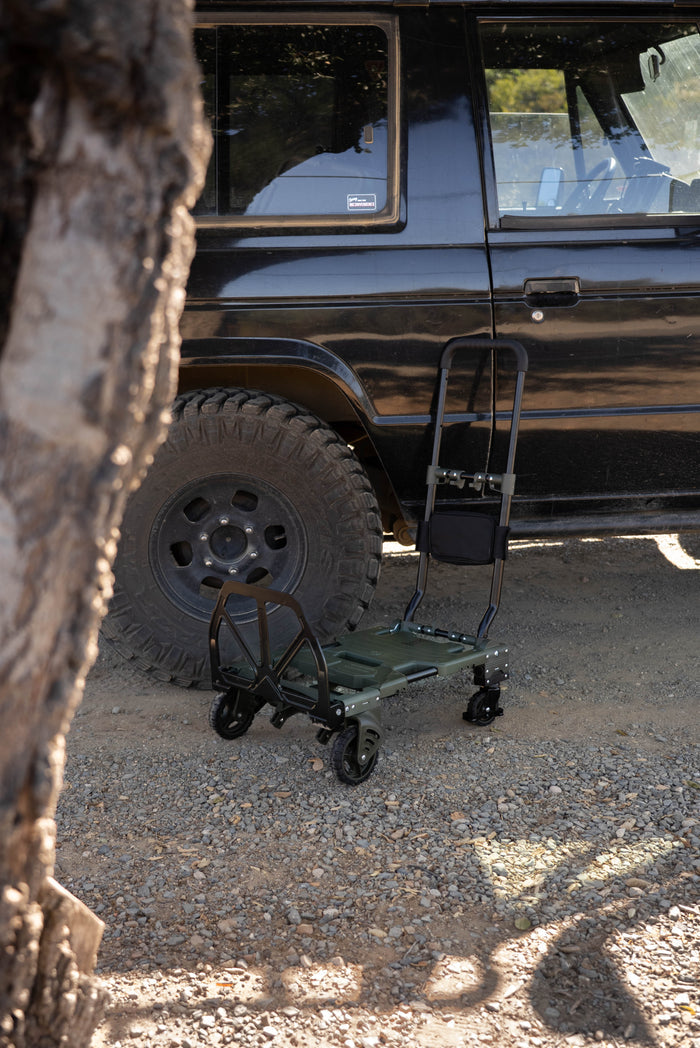 Camp Barrow olive green foldable utility cart with black metal frame and wheels