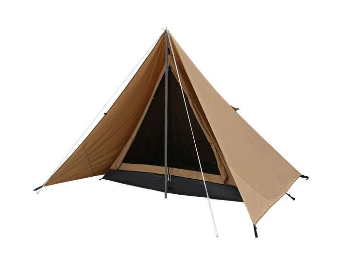 Chimaki Tent: tan canvas A-frame with black floor and white guy lines