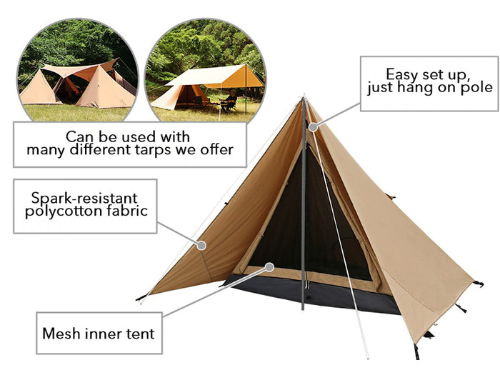 Chimaki Tent: tan spark-resistant polycotton with mesh inner and black base