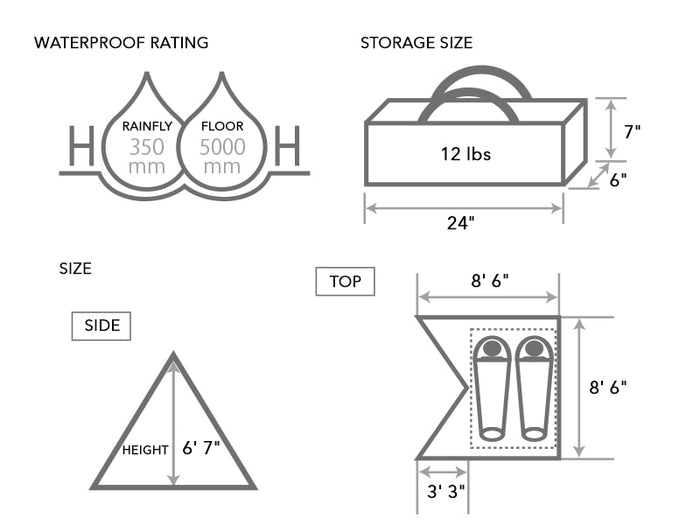 Chimaki Tent: black and gray 2-person waterproof tent, 350 mm rainfly, 5000 mm floor