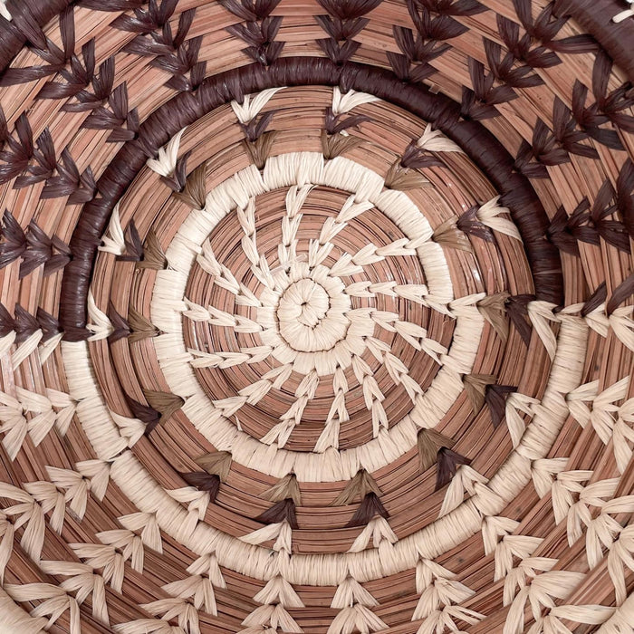 Close-up of a woven pattern with concentric circles in brown and beige.