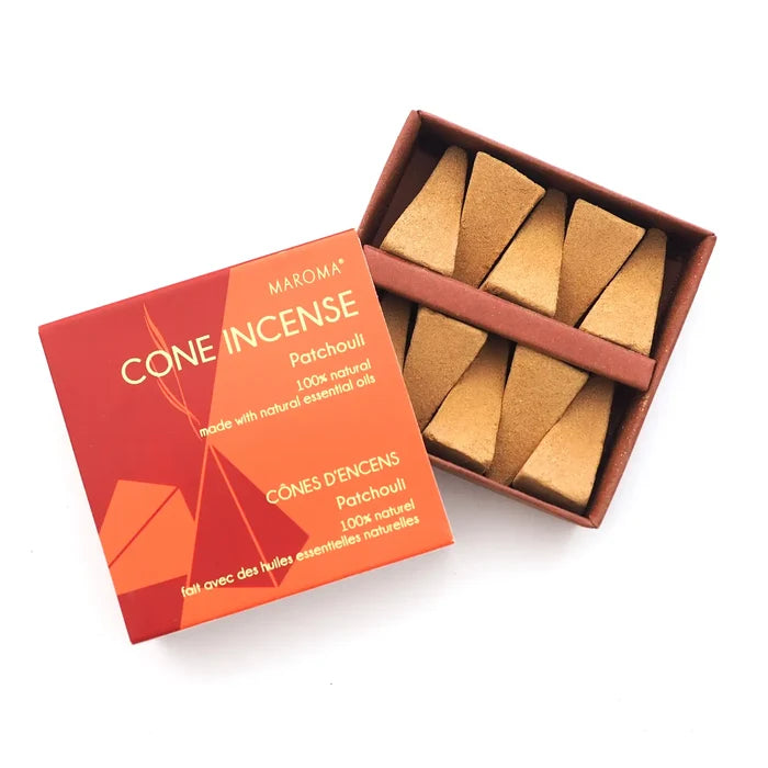 Maroma cone incense packaging with incense cones on a white background
