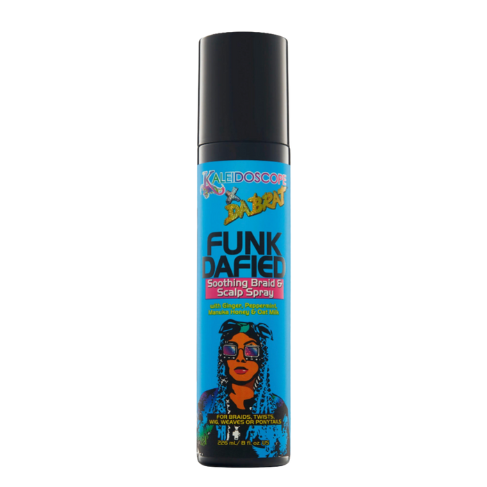 Da Brat Funkdafied Soothing Braid & Scalp Spray, Blue wrap label with black top, Kaleidoscope x Da Brat Logo & Illustration of Da Brat on front