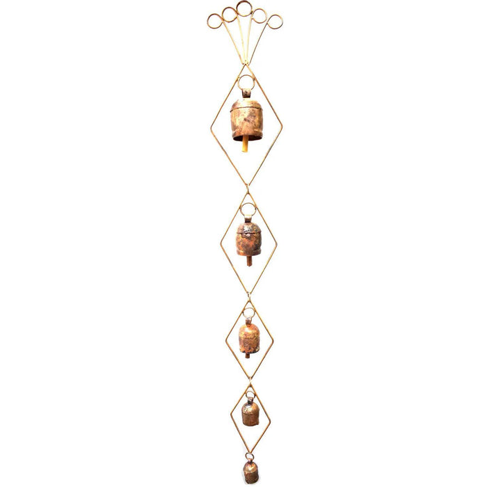 A vertical wind chime with a series of bells, connected by a golden frame against a white background.