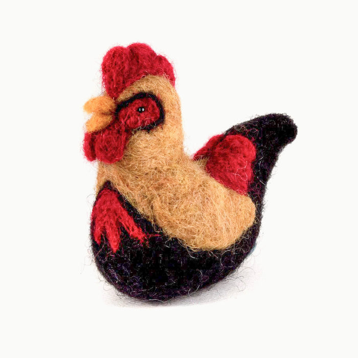 Handmade wool rooster figurine on a white background