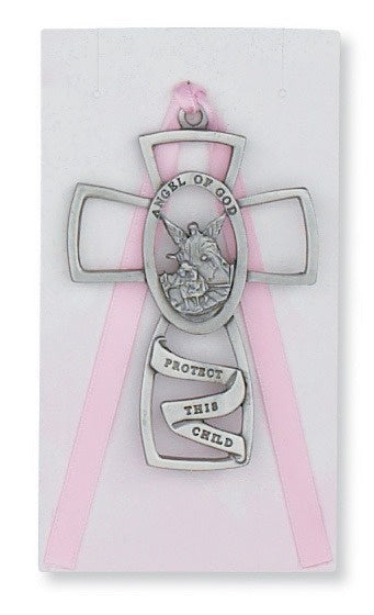 Guardian Angel Crib Cross with Pink Ribbon