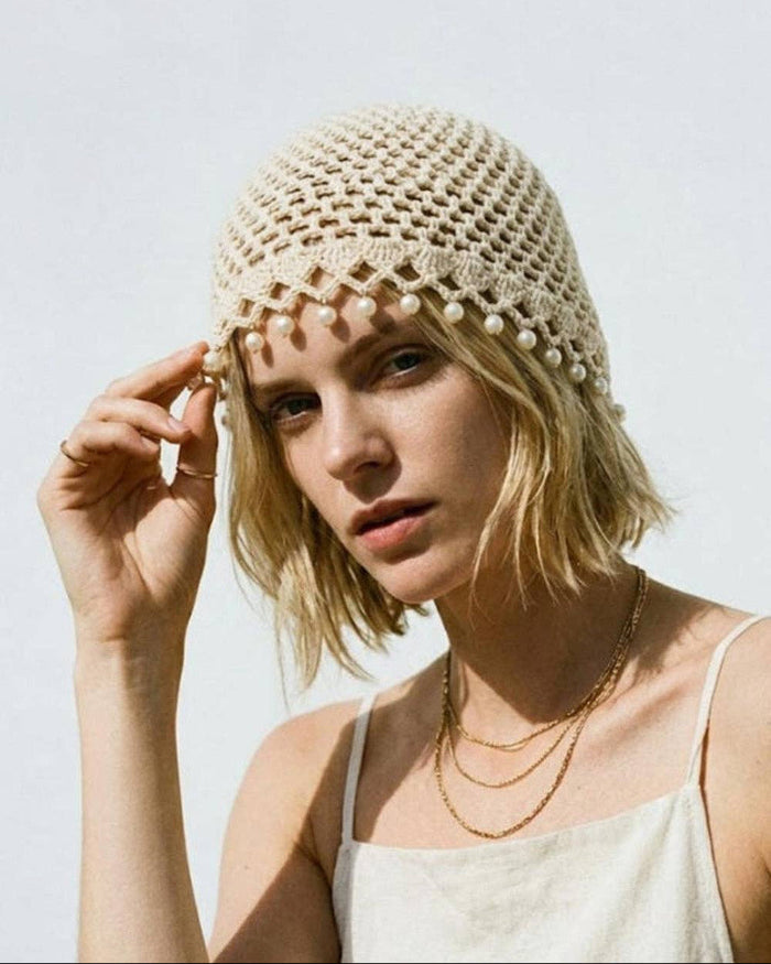 Ivory Pearl Tassel Crochet Beanie