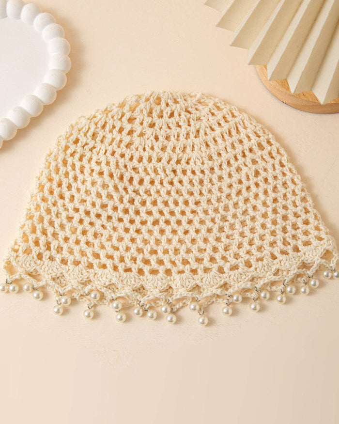 Ivory Pearl Tassel Crochet Beanie