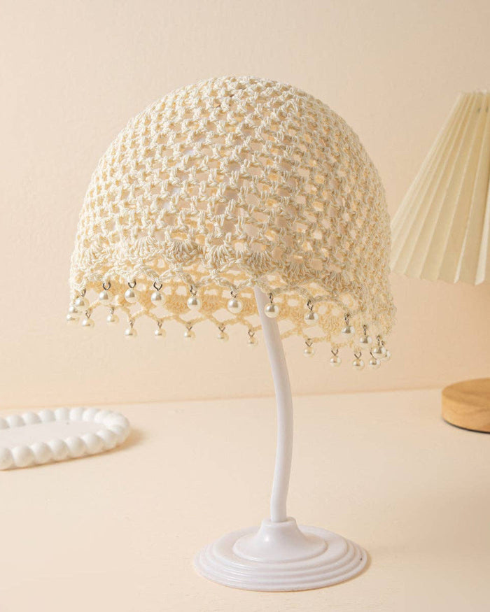 Ivory Pearl Tassel Crochet Beanie