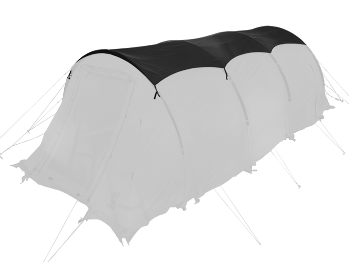 A tunnel-style camping tent shown on a plain white background, with a black roof and light gray body panels and guy lines.