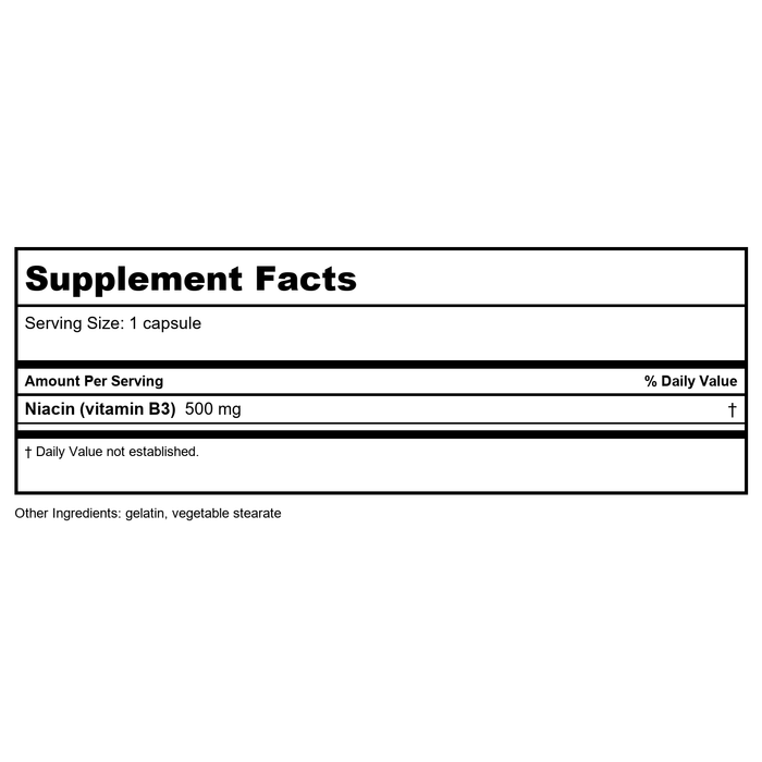Life Extension Vitaamin B3 Niacin 500 mg 100 Capsules - 3 Pack - Supplement Facts panel