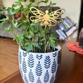 Potted plant with a decorative dragonfly stake on a wooden surface