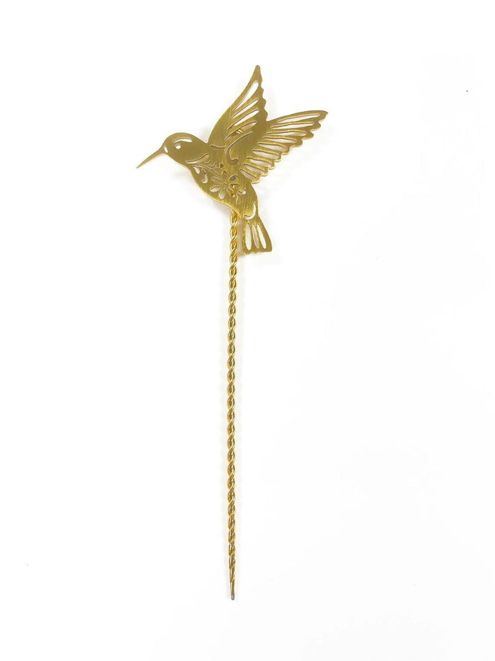 Gold hummingbird decorative plant stake on a white background