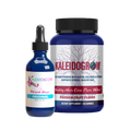 Kaleidoscope Miracle Drops in blue bottle with black top, Kaleidogrow Healty Hair Vitamins in Blue bottle with Black top and pink writing