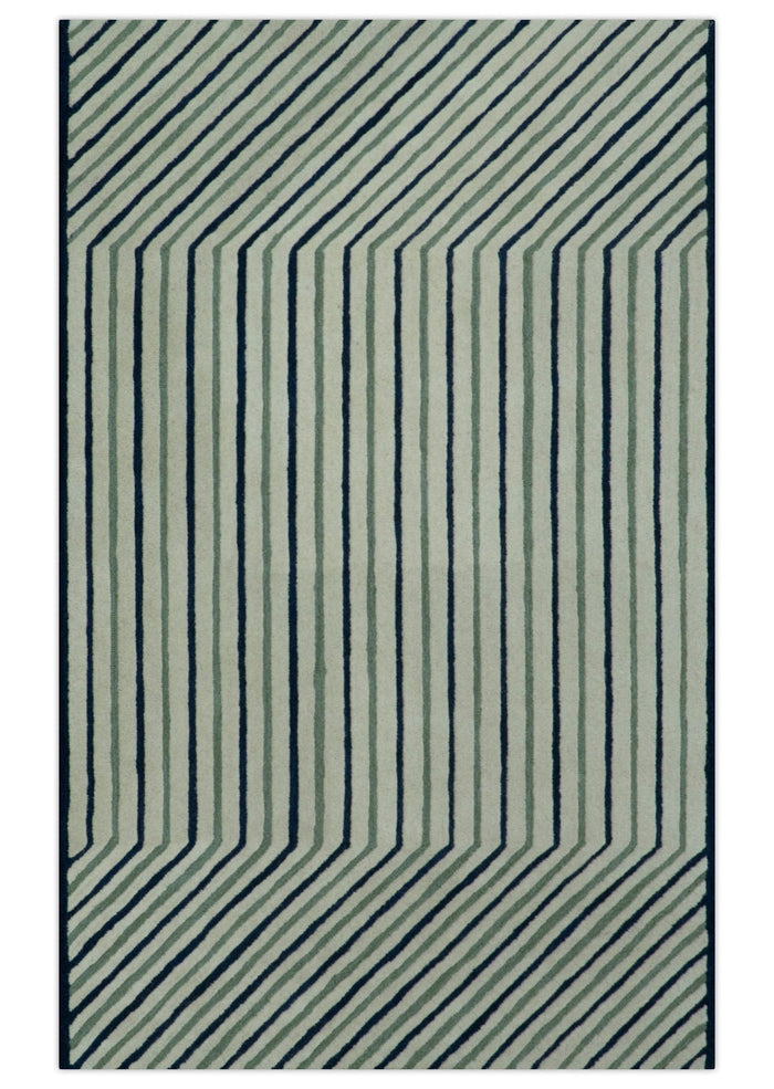 Modern Stripes Design Beige And Blue Hand Tufted Custom Made Wool Area Rug - The Rug Decor