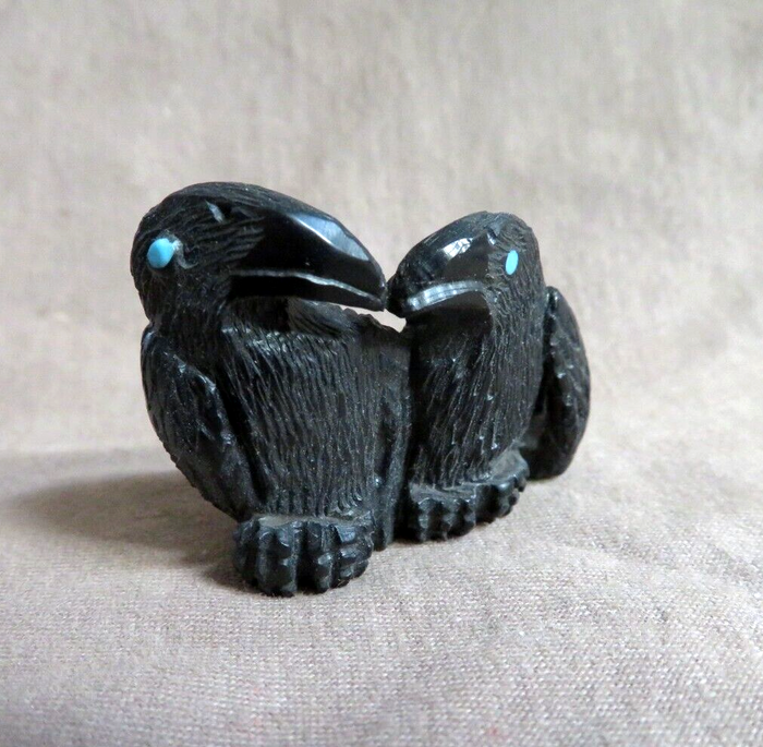 Native American Zuni Jet Double Ravens Fetish Carving by Rochelle Quam  C4160 Two Ponies Trading