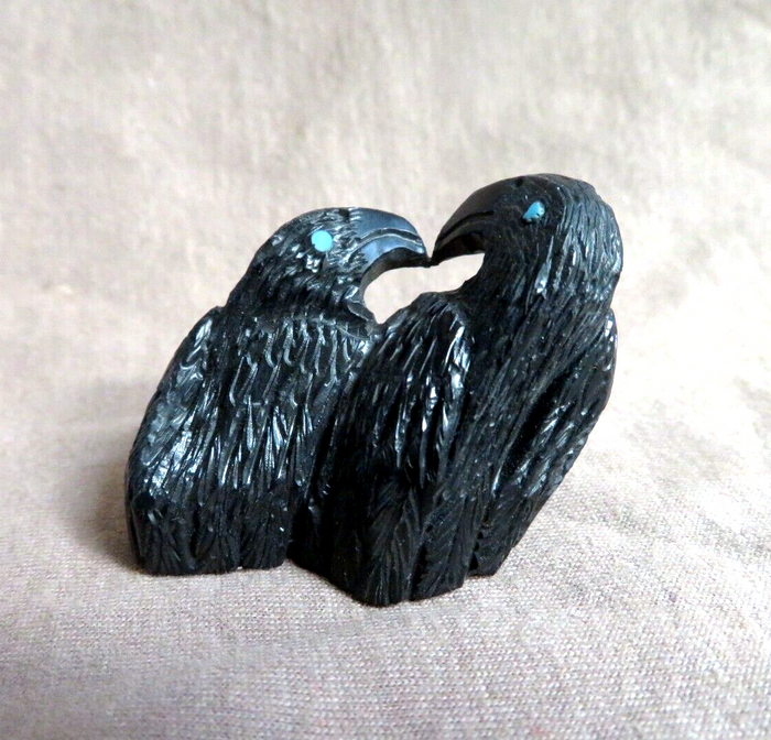 Native American Zuni Jet Double Ravens Fetish Carving by Rochelle Quam  C4160 Two Ponies Trading