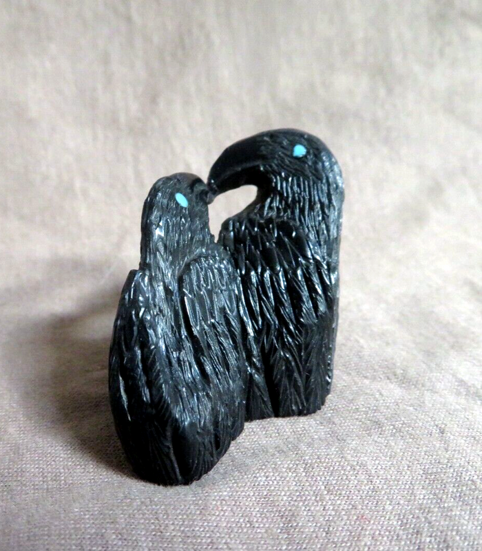 Native American Zuni Jet Double Ravens Fetish Carving by Rochelle Quam  C4160 Two Ponies Trading