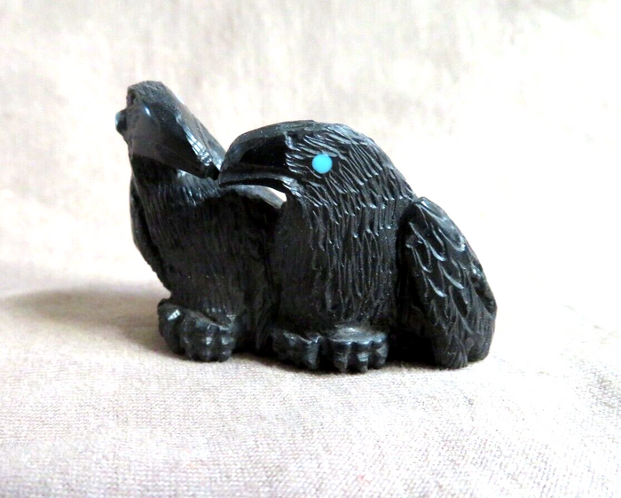Native American Zuni Jet Double Ravens Fetish Carving by Rochelle Quam  C4160 Two Ponies Trading