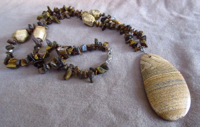 Native Navajo single strand Tiger's Eye and Picture Jasper Necklace JN0202 Two Ponies Trading