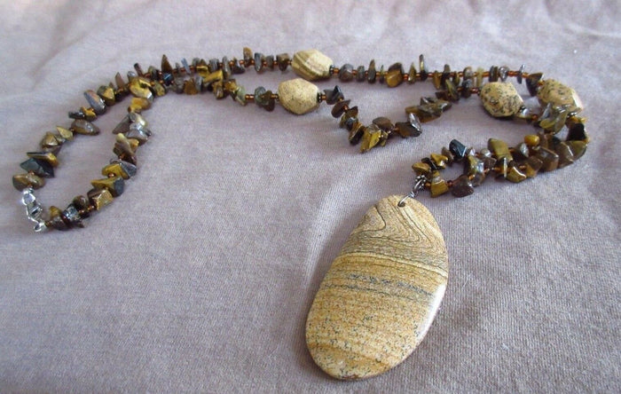 Native Navajo single strand Tiger's Eye and Picture Jasper Necklace JN0202 Two Ponies Trading