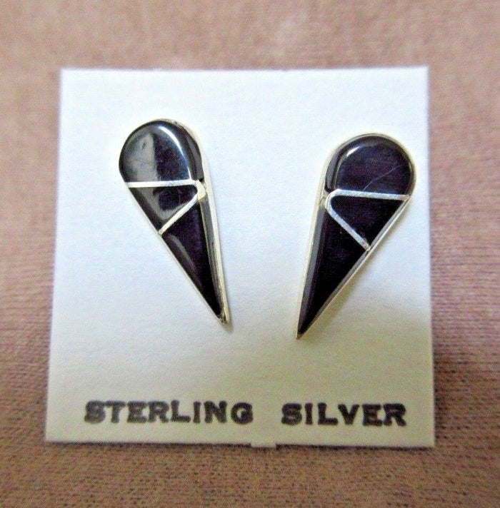 Native Zuni Onyx & Sterling Silver Post Earrings by Sandy Halusewa - JE0351 Two Ponies Trading