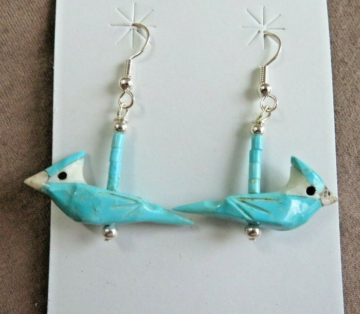 Native Zuni Turquoise BlueJay Carving Fetish with Heishi Hook Earrings JE594 Two Ponies Trading