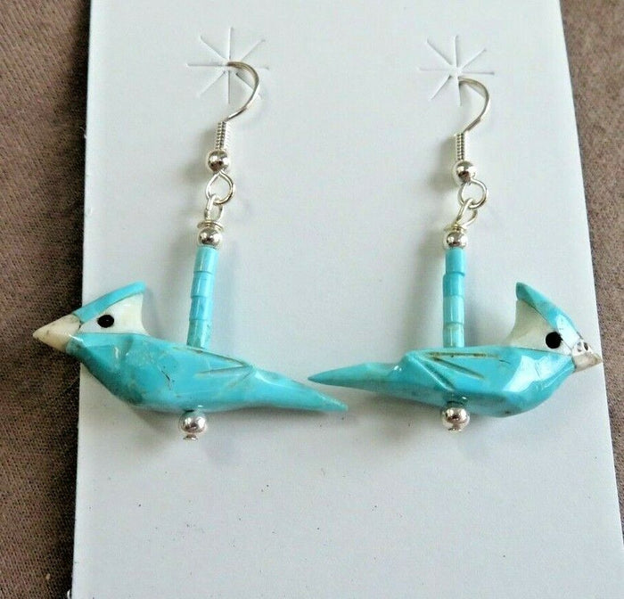 Native Zuni Turquoise BlueJay Carving Fetish with Heishi Hook Earrings JE594 Two Ponies Trading