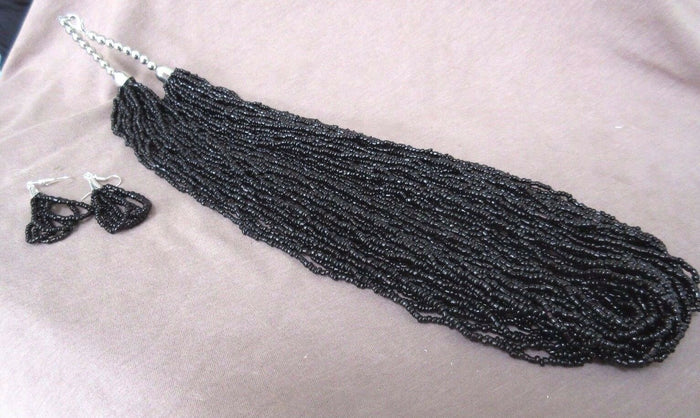 Navajo Made 30 strand - Black colored bead 30" Necklace - w/ earrings JS0021 Two Ponies Trading