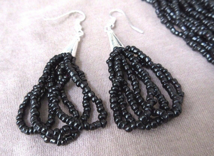 Navajo Made 30 strand - Black colored bead 30" Necklace - w/ earrings JS0021 Two Ponies Trading