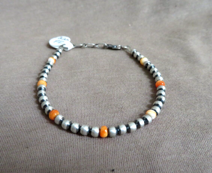 Navajo Sterling Silver & Spiny Oyster Navajo Pearl 7.5"  Bracelet  JB276 Native American