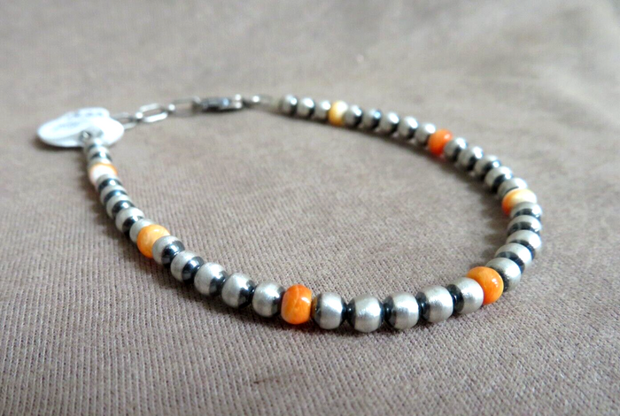 Navajo Sterling Silver & Spiny Oyster Navajo Pearl 7.5"  Bracelet  JB276 Native American