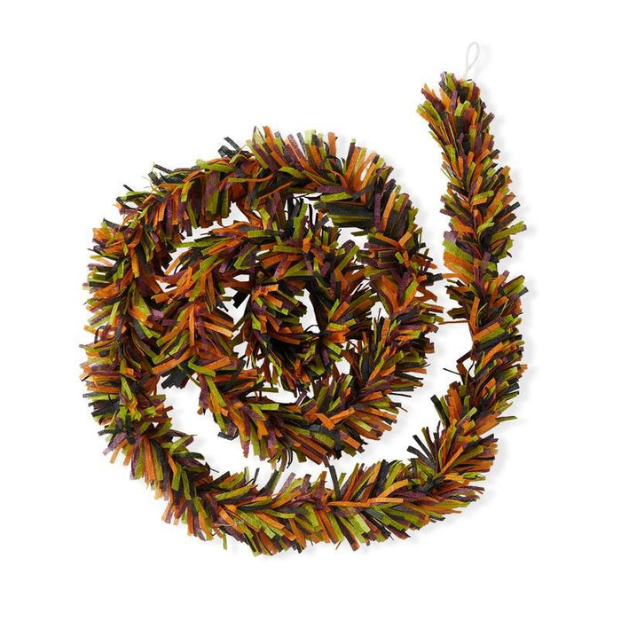An eco-friendly silk paper fringe in various Halloween colors strung on a string, with a hanging loop on each end.