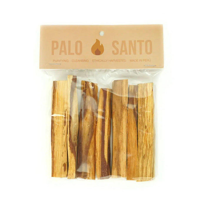 A pack of Palo Santo smoking sticks, with each stick visible through the clear plastic packaging. The packaging has a beige background with the 'Palo Santo' branding and a description of the product.