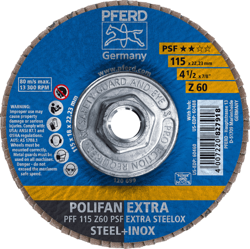 Pferd 4-1/2" x 5/8-11 Thd. POLIFAN® Flap Disc, Z PSF EXTRA STEELOX, Zirconia, 60 Grit, Flat (60488) - Box of 10-ShopWeldingSupplies.com