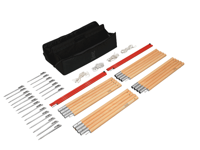 The black Pole Case displayed with its contents laid out: multiple wooden pole sections, red poles, silver ground pegs, and white guy lines.