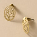 Gold earrings with intricate designs on a beige background