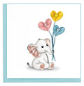 Card with a Cartoon elephant holding quilled heart-shaped balloons on a white background