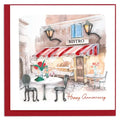 Illustration of a bistro with tables and chairs, featuring a 'Happy Anniversary' message.