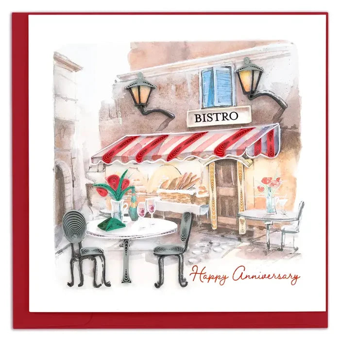 Illustration of a bistro with tables and chairs, featuring a 'Happy Anniversary' message.