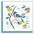 Colorful bird on a branch with lemons and flowers on a white background